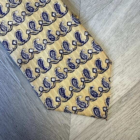 Hickey Freeman Silk Tie Yellow Blue Wave Leaf Scroll Print Vintage 1155 - Picture 3 of 6
